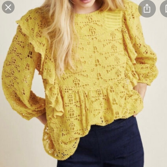 Anthropologie Yellow Clemetine Eyelet Long Sleeve Lined Boho Top Womens Size 8 - Picture 12 of 14